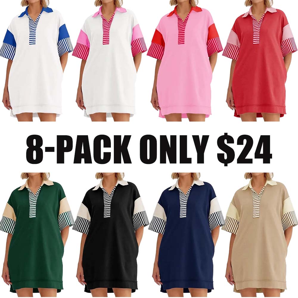 V Neck Summer Color Block Short Sleeve Mini Dress