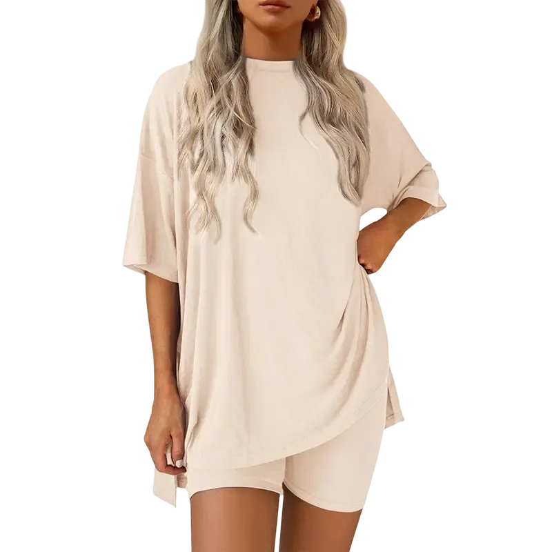 Women's two-piece set: slit-hem shirt paired with shorts