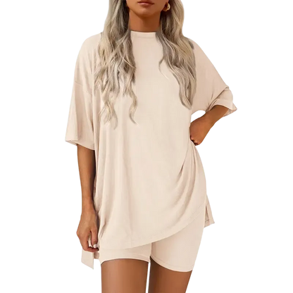 Women's two-piece set: slit-hem shirt paired with shorts