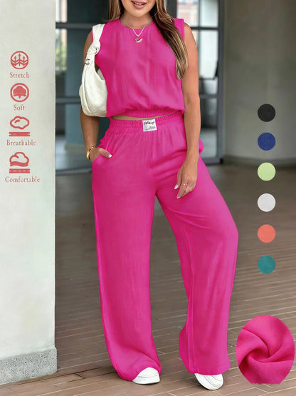 Women's 2-Piece Solid Color Tank Top & Wide Leg Pants Set
