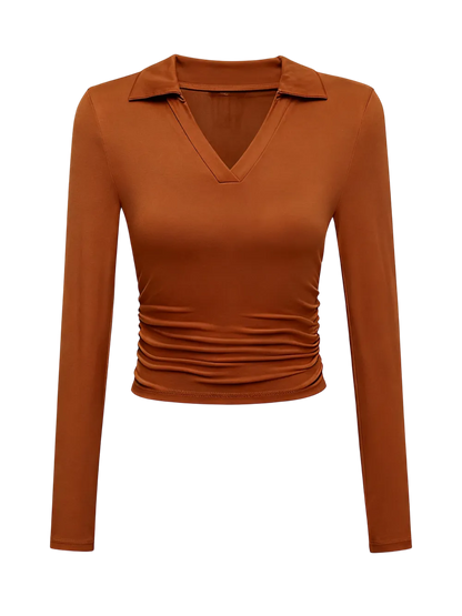 Knit Solid Color Long Sleeve V Neck Top