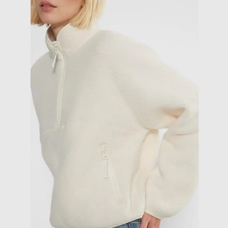 Women’s Fleece Cropped Pullover – Half Zip Sherpa Jacket with Pockets