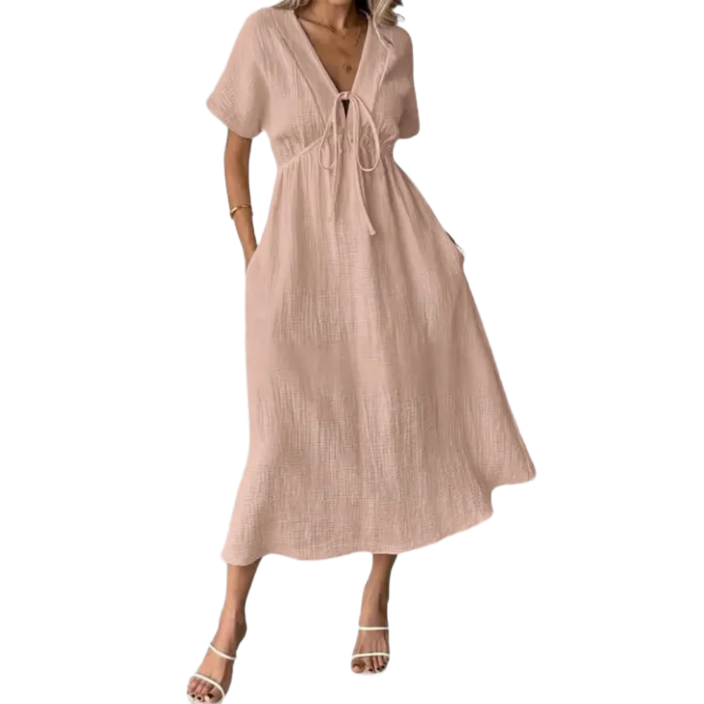 Women's Summer Solid Color V-Neck Cotton Dress
