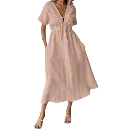 Women's Summer Solid Color V-Neck Cotton Dress