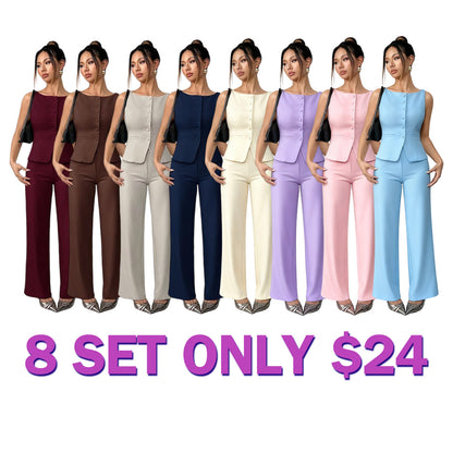 Women's Solid Button Front Tank Top & Wide Leg Pants Set