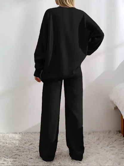 Women's Solid V Neck Cardigan & Elastic Waist Wide Leg Pants Two-piece Set