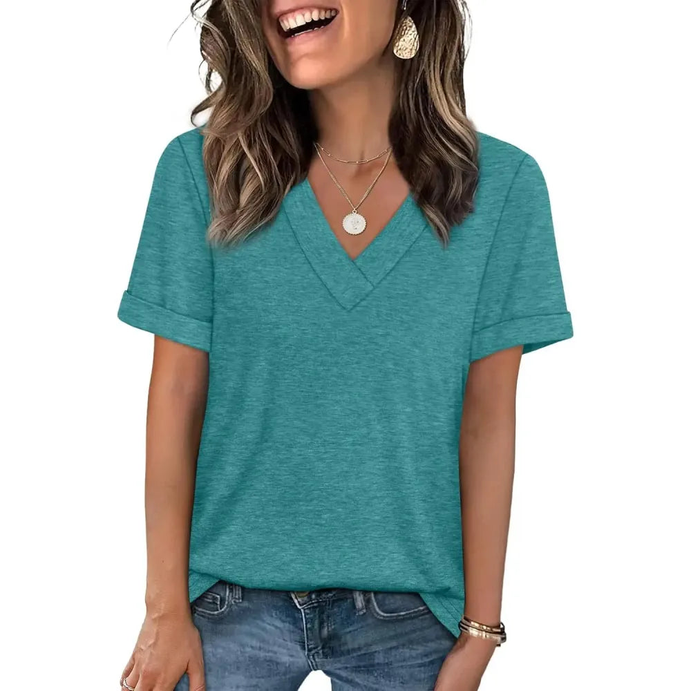 Women's Summer Tops Short Sleeve Basic Casual V Neck T Shirts