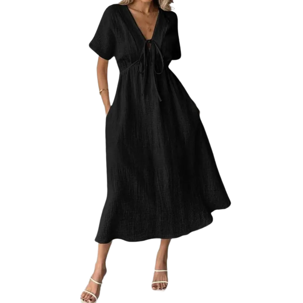 Women's Summer Solid Color V-Neck Cotton Dress