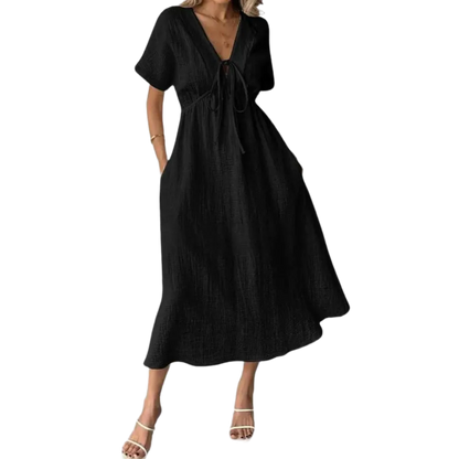 Women's Summer Solid Color V-Neck Cotton Dress