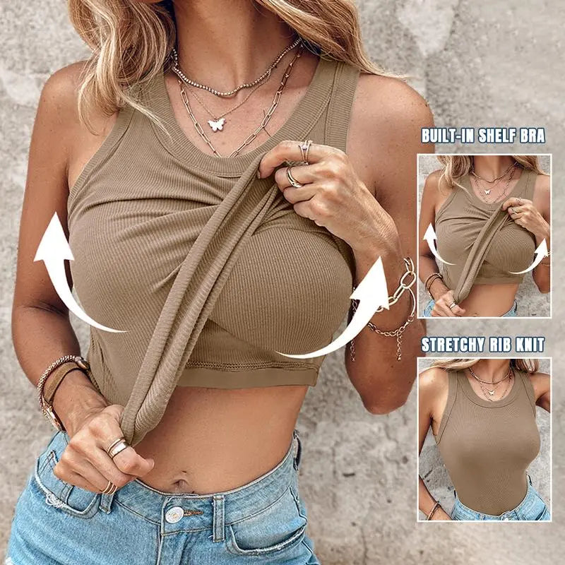 Round Neck Built-in Bra Ribbed Tank Top/Ribbed Built-in Bra Tank Top