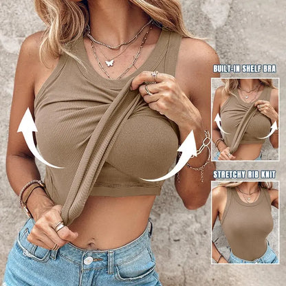 Round Neck Built-in Bra Ribbed Tank Top/Ribbed Built-in Bra Tank Top
