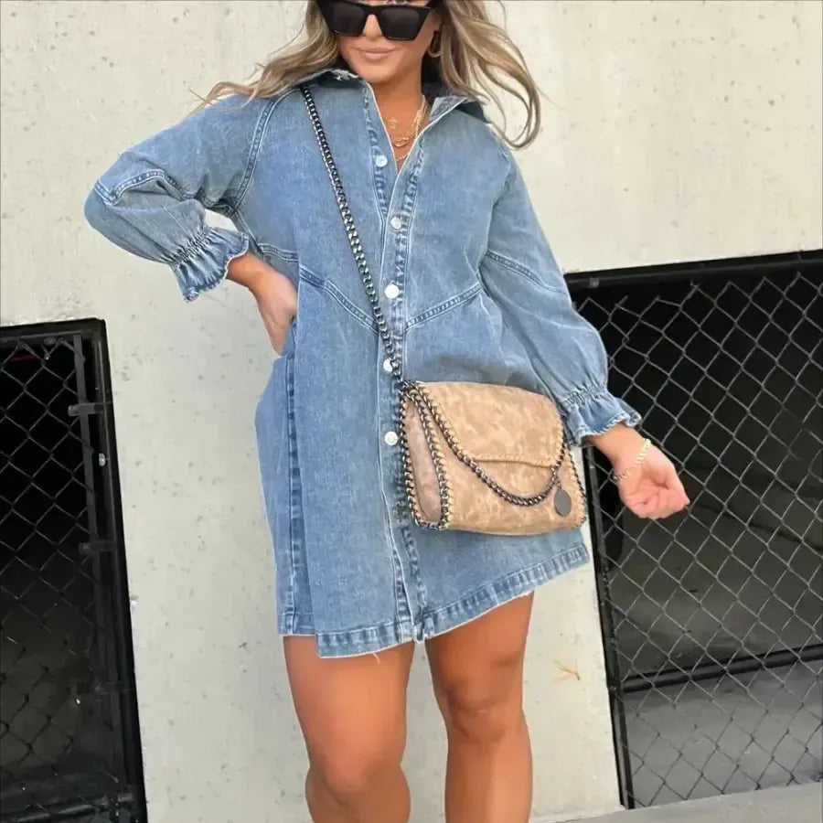 Washed Denim Puff Sleeve Mini Dress
