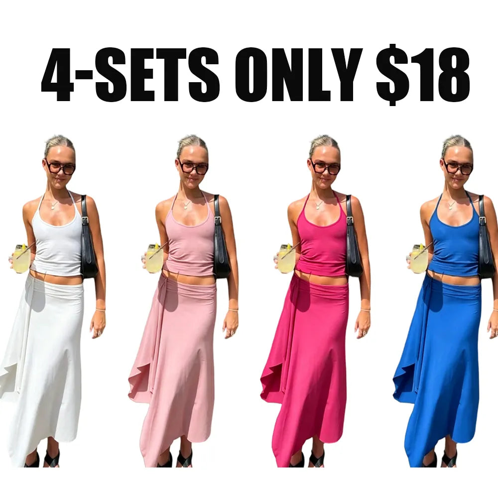 Solid-Color Sleeveless Backless Tie-Strap Camisole and Slim-Fit Side-Slit Maxi Skirt Two-Piece Set