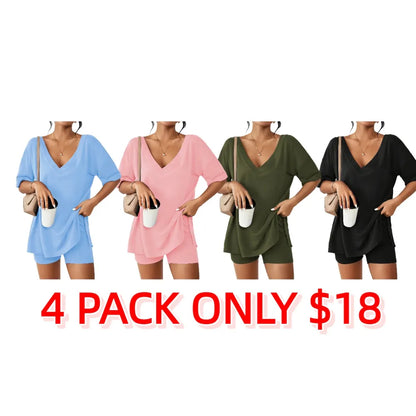Women's Two-Piece Pajama Set Casual Oversized V Neck Split Hem Shirts