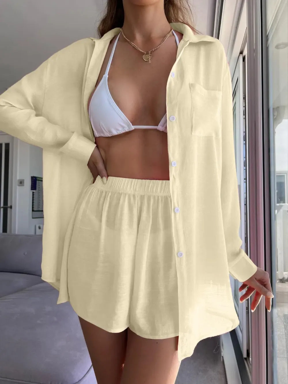 Women's Solid Button Front Pocket Sheer Cover Up Shirt & Shorts Set