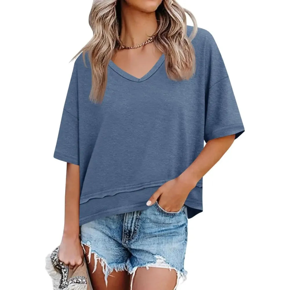 Womens Summer V Neck T Shirts Casual Short Sleeve Flowy Tops Cute Loose Fit