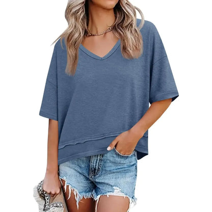 Womens Summer V Neck T Shirts Casual Short Sleeve Flowy Tops Cute Loose Fit
