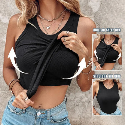 Round Neck Built-in Bra Ribbed Tank Top/Ribbed Built-in Bra Tank Top