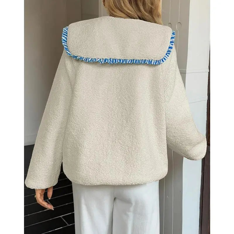Womens Fuzzy Fleece Jacket Peter Pan Collar Button Down Fall Winter Sherpa Coats