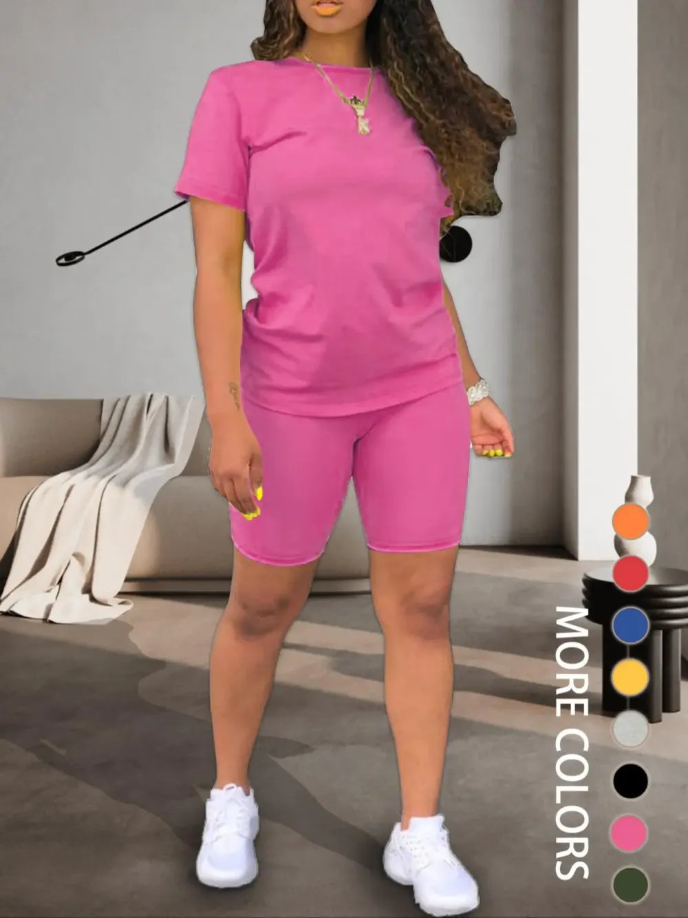 Two-piece Set Women's Fitted Plain Round Neck Tee & Skinny Shorts Set