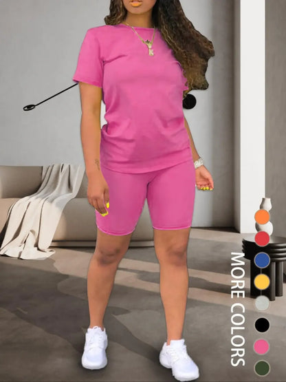 Two-piece Set Women's Fitted Plain Round Neck Tee & Skinny Shorts Set