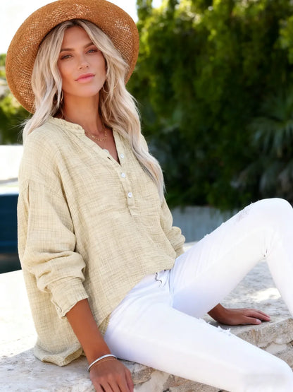 Women's Casual Button V Neck Long Sleeve Shirts