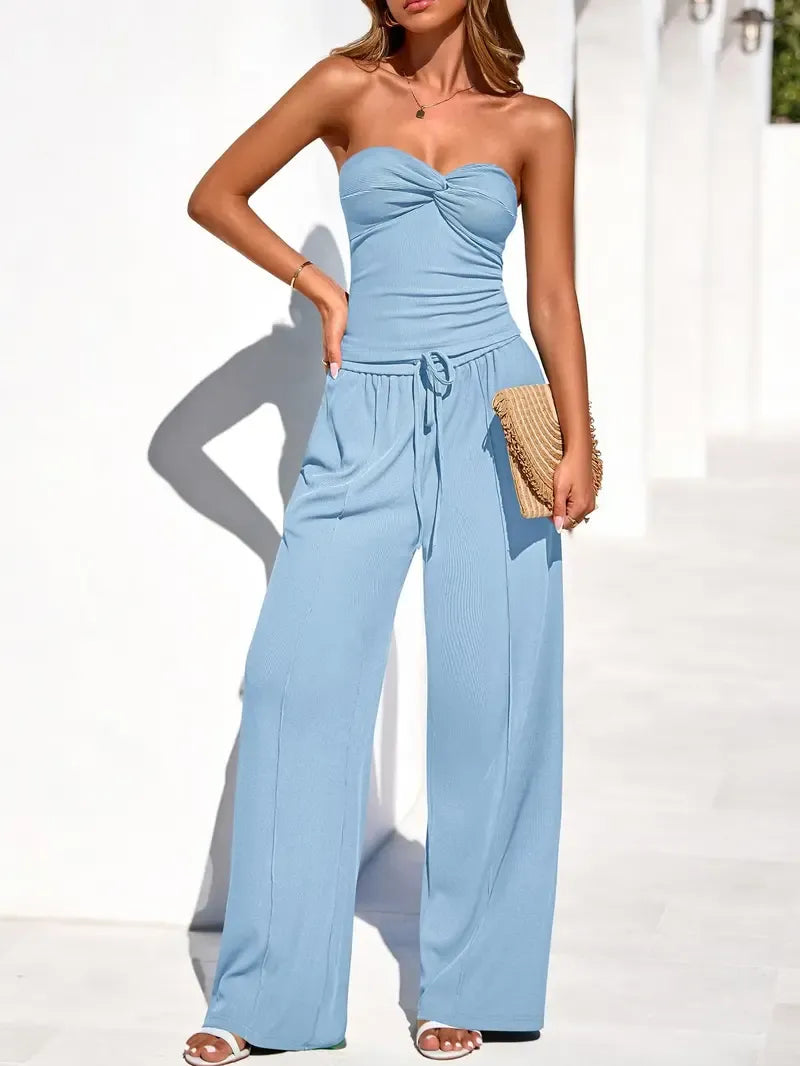 Women Summer Ribbed Strapless Twist Knot Tube Top Pants Set