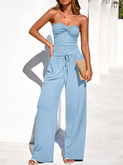 Women Summer Ribbed Strapless Twist Knot Tube Top Pants Set