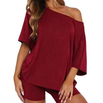 Women’s Casual Two Piece Lounge Set Off Shoulder Top & Fitted Shorts Springtok SpringStatements