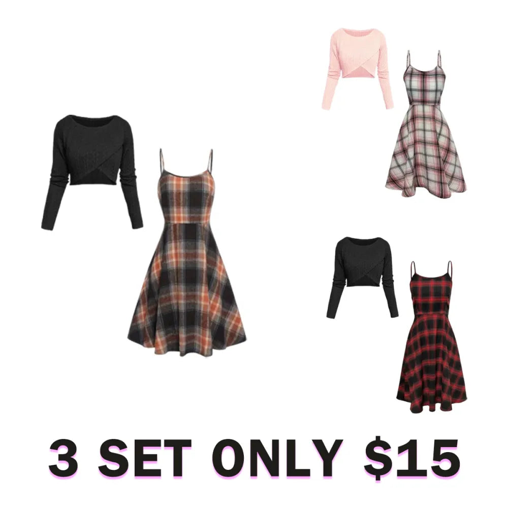Women's Long Sleeve Crop Top & Plaid Print A-Line Dress Set