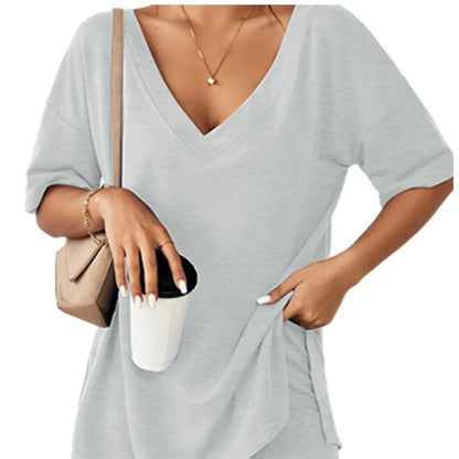 Women's Two-Piece Pajama Set Casual Oversized V Neck Split Hem
