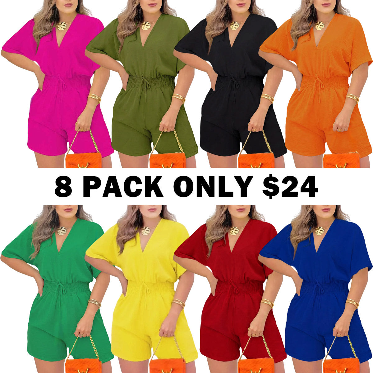 Women's Plain Drawstring Shirred Waist Fitted V Neck Romper