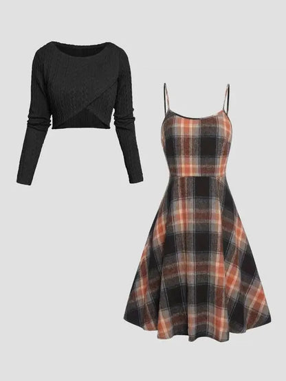Women's Long Sleeve Crop Top & Plaid Print A-Line Dress Set
