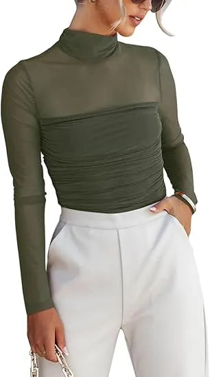 Women’s Long Sleeve Sheer Mesh Ruched Going Out Bodysuits Tops