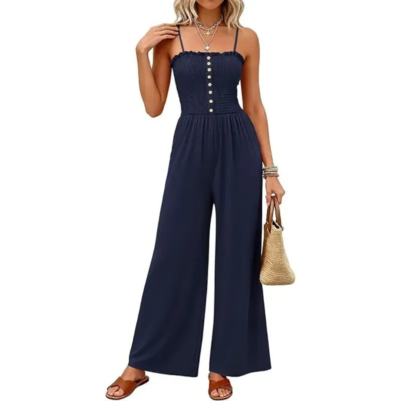 Jumpsuits for Women Summer Sleeveless Smocked Button Wide Leg Rompers
