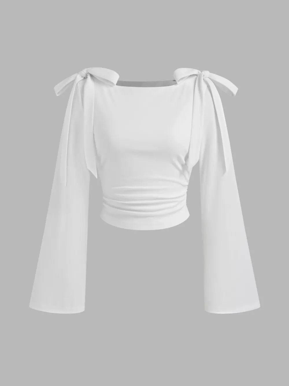 Boat Neck Gingham Bowknot Ruched Long Sleeve Top