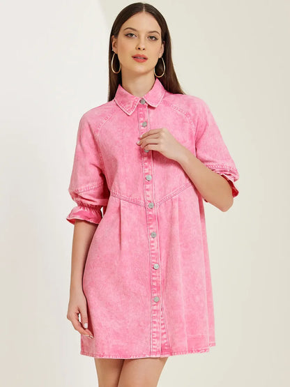 3/4 Lantern Sleeve Babydoll Mini Jean Denim Shirt Dress