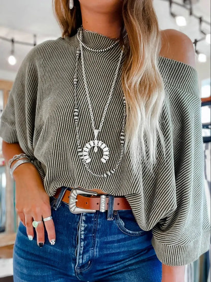 Women's Striped Boat Neck Batwing Sleeve Oversized Blouse